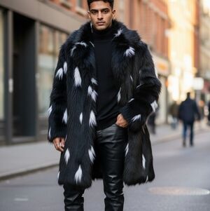 Unisex Black and White Faux Fur Knee Length Coat, Large